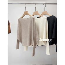 韩版蝙蝠衫2025早秋新款不规则褶皱针织衫女宽松显瘦长袖上衣