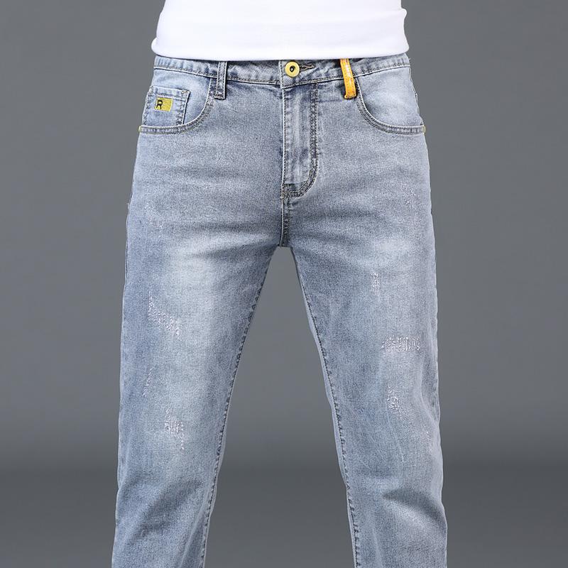 Printemps et automne mince hommes jeans tendance polyvalent couleur claire minceur petite jambe coquin beau mode lavé décontracté_voghion.com