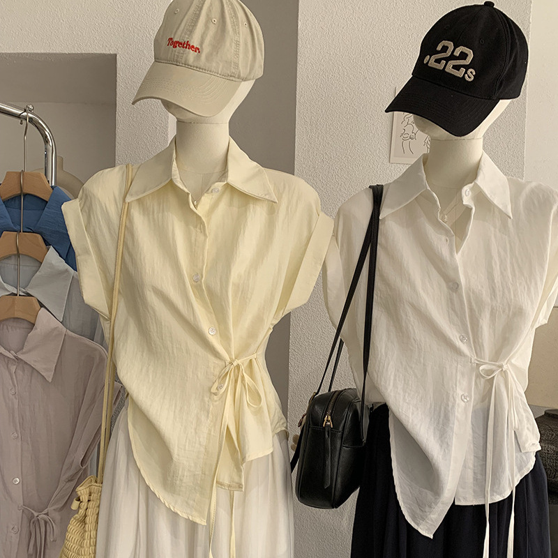 Kekezoon Lapel Collar Waist-Cinching Tie Short-Sleeve Shirt for Women, Versatile Slim-Fit Solid Color Simple Shirt for Summer 7307 Kekezoon Lapel Collar Waist-Cinching Tie Short-Sleeve Shirt for Women, Versatile Slim-Fit Solid Color Simple Shirt for Summer 7307
