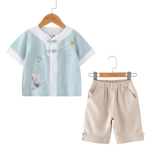 Children's Hanfu Chinese National Style Boys Tang Suit Baby First Birthday Tang Suit Zhuazhou Clothing Ancient Costume Summer Cotton Linen Set