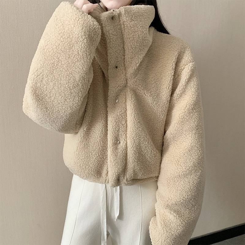 女性用ショートコート、韓国風ラペル模造ラムウールコットンコート、ゆったり両面着用長袖パンコート、冬用コットンコート|undefined
