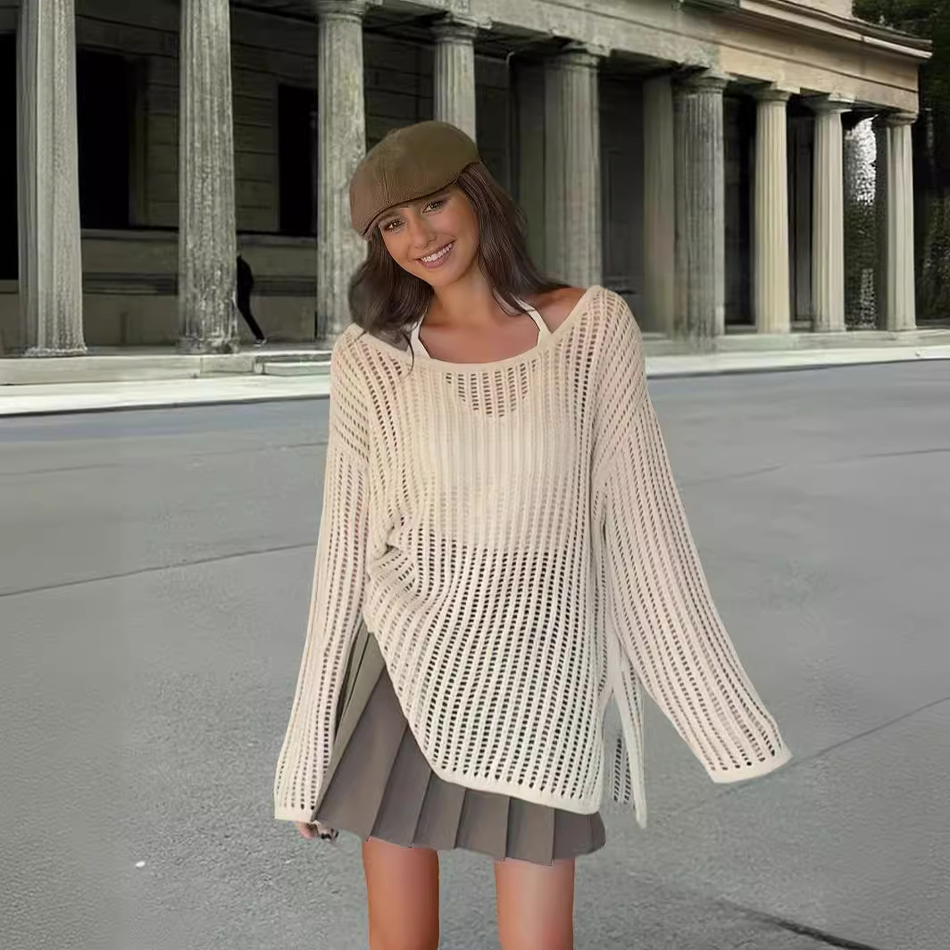 Camisa de Punto de Protección Solar para Mujer de Acrílico con Diseño Calado para Primavera y Verano