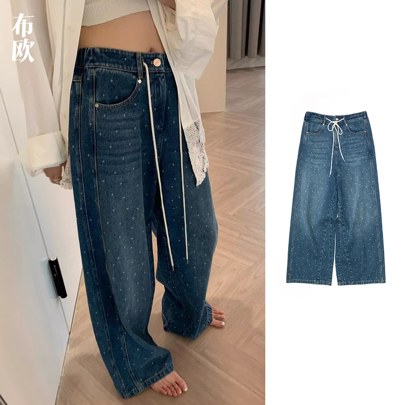 【Clearance No Returns/Exchanges】Vintage Polka Dot Elastic Waist Loose Straight Casual Pants Slimming Wide Leg Jeans for Women