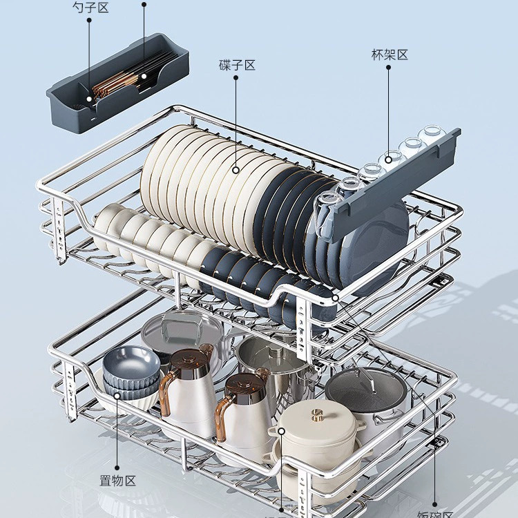 Двухъярусная выдвижная корзина для посуды, встроенная в кухонный шкаф ♔ Внутренняя часть из нержавеющей стали 304