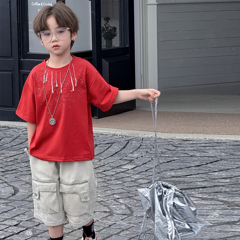 7419 Traje de verano para niños 2025 Nuevo verano para niños Ropa de manga corta fresca y atractiva Verano Red de celebridades de Internet de dos piezas de verano