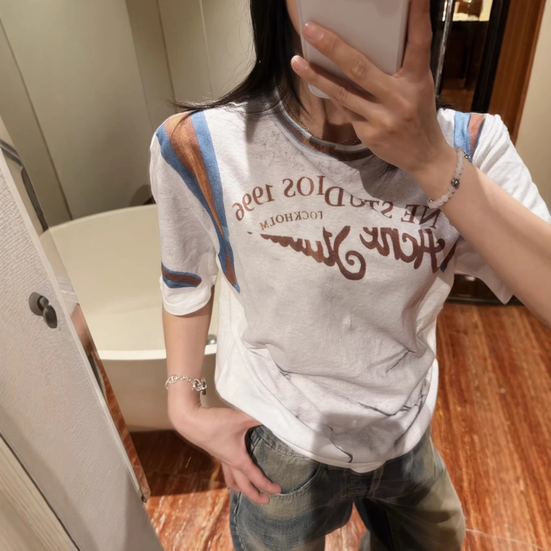 Ac26 Early Spring New Niche Design Retro Logo Illusion Print Jersey-Style Short-Sleeve T-Shirt for Women