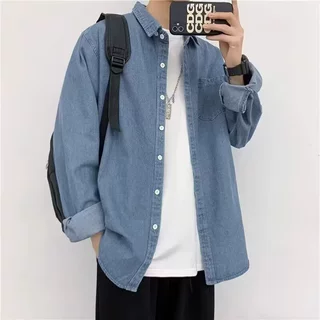 男士牛仔长袖衬衫青少年春秋季港风新款休闲宽松百搭蓝色衬衣外套