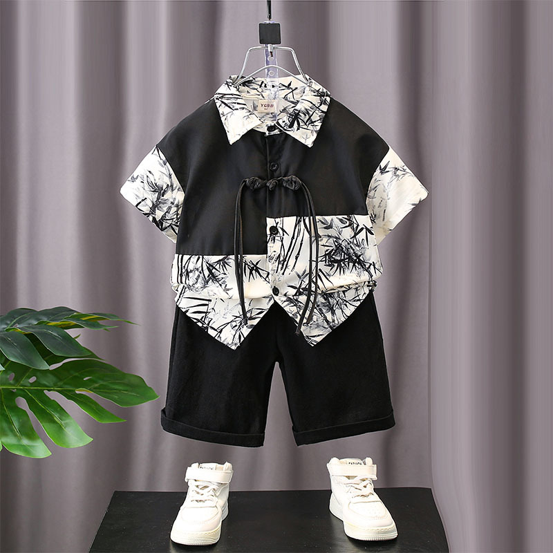 Men's Traditional Chinese Style Short-Sleeve Set Summer Lightweight 24 New Children's Stand Collar Ink and Ancient Style Trend Two-Piece Set