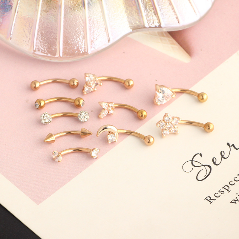Stainless Steel Heart Shape Eyebrow Piercing Jewelry - Invisible Lip Nail with Black Zircon - 18K Gold Plated detail image 7