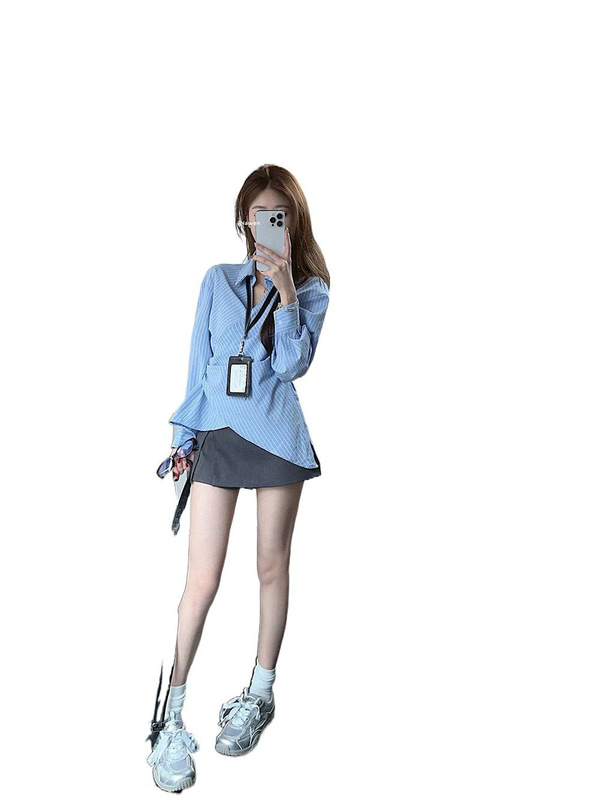 两件套装女休闲系带收腰交叉翻领衬衫女早春条纹衬衣独特别致上衣|undefined