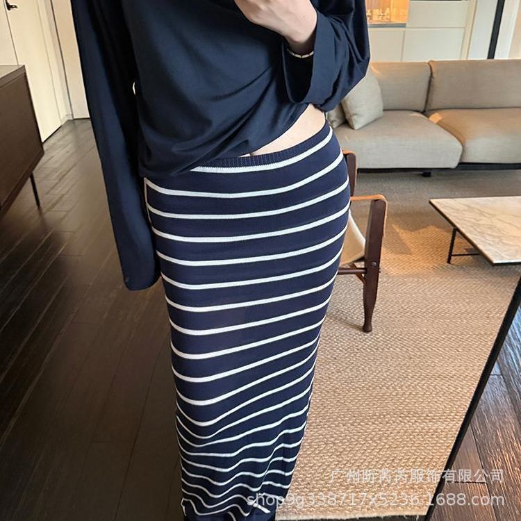 慵懒感条纹撞色休闲长裙女夏季新款气质高腰修身显瘦百搭半身裙女|undefined
