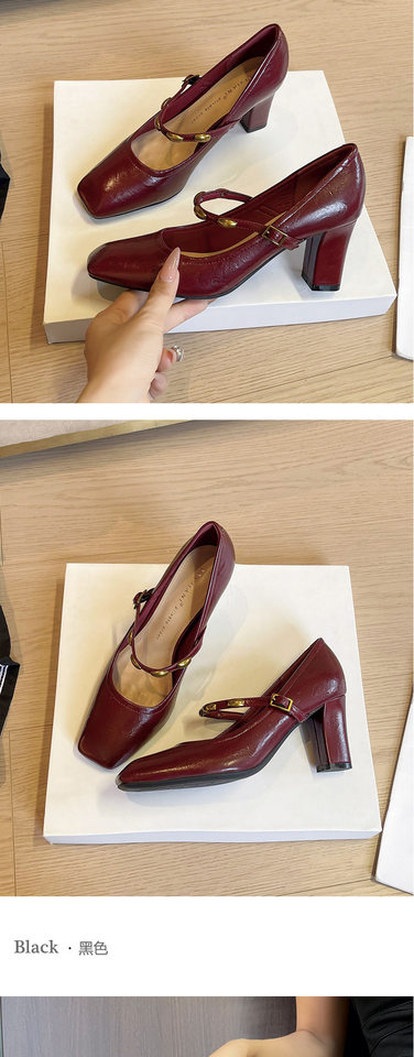 Giày cao gót nữ mũi vuông gót dày quai ngang thanh lịch đi làm, gót 6–8 cm — Màu trắng nhạt, rượu vang đỏ, đen chi tiết 11