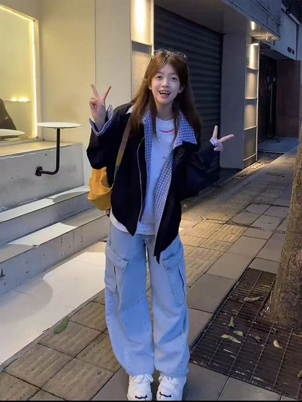美式复古格子拼接假两件外套女秋冬宽松翻领感夹克棒球服上衣|undefined