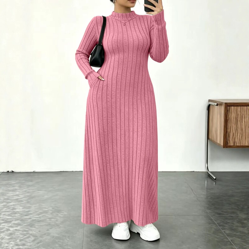 2026 Autumn/Winter New Half-Turtleneck Ribbed Knit Dress Slim Fit with Belt and Pockets Long Sweater Dress