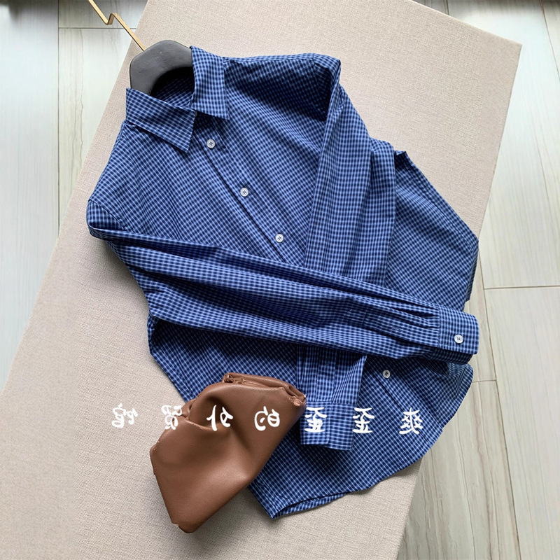 Dream Love Blue!! Miu Miu Plaid Shirt~~Cotton Yarn-Dyed Long-Sleeved Shirt for Women