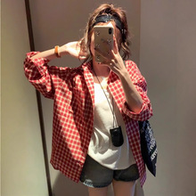 复古红色格子衬衫长袖POLO领衬衣女秋夏中长款设计感宽松显瘦开衫