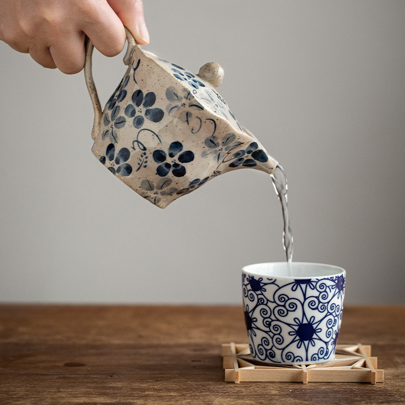 Japanese Imported Braised Blue Dye Flower Teapot Japanese Style Fresh Ceramic Filter Teapot Underglaze Color Tea Set
