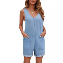 跨境爆款连体裤2024春夏欧美女装大口袋牛仔背心连体短裤