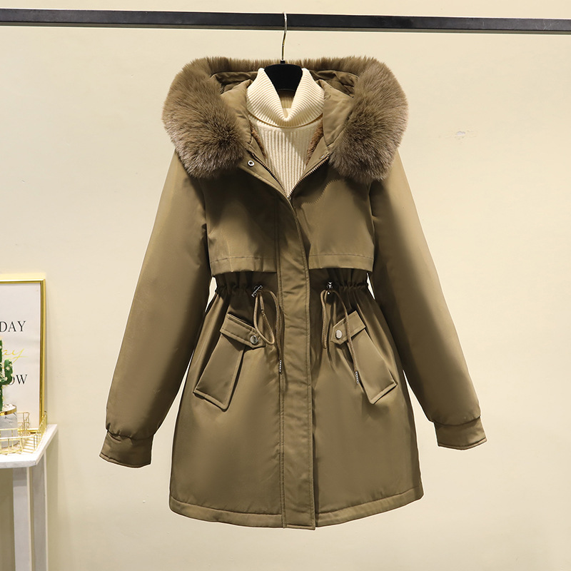 Comercio exterior ropa de algodón de mujeres mediana larga tirada para superar 2023 gran cuello encapuchado chaqueta de algodón de plumón de invierno abrigo cálido