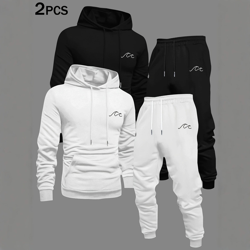 Spring and Autumn Fleece-Lined Hooded Sweatshirt Set for Men, Balance Letter Print, Warm Sports Casual Two-Piece Set