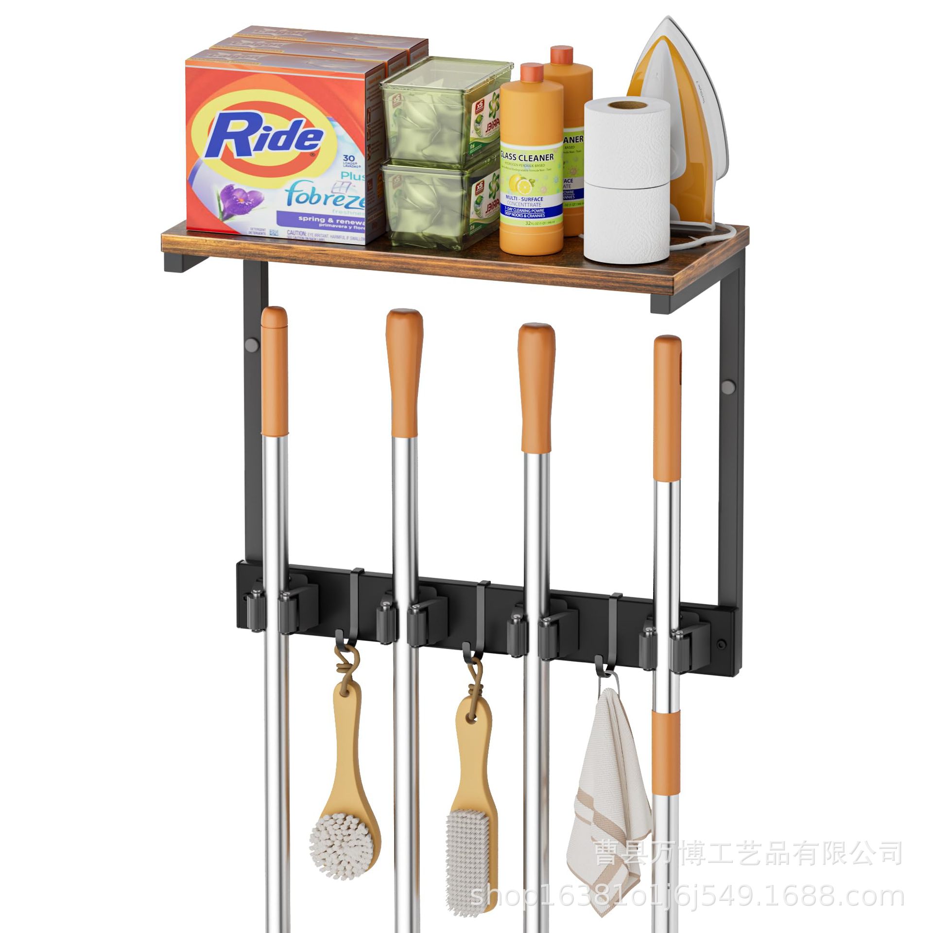 Wall Mounted Broom Organizer Wooden Mop Holder Hanging Broom Storage Rack Cleaning Utensils Organizer