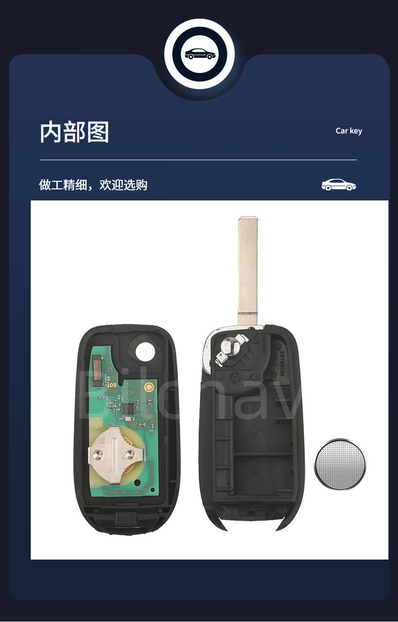 Suitable for 2/3 button Renault car folding remote key with original factory circuit board, frequency 433mhz, 4A chip