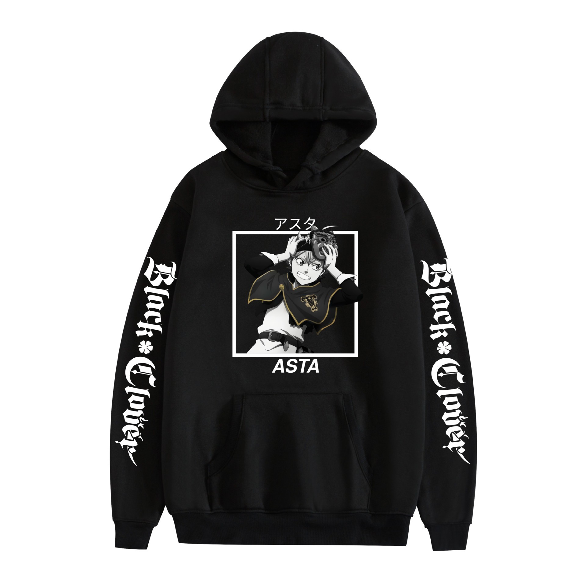 Suéter con capucha periférico de animación de trébol de cuatro hojas negro bidimensional marca de moda sudadera con capucha suelta casual más chaqueta de terciopelo nuevo