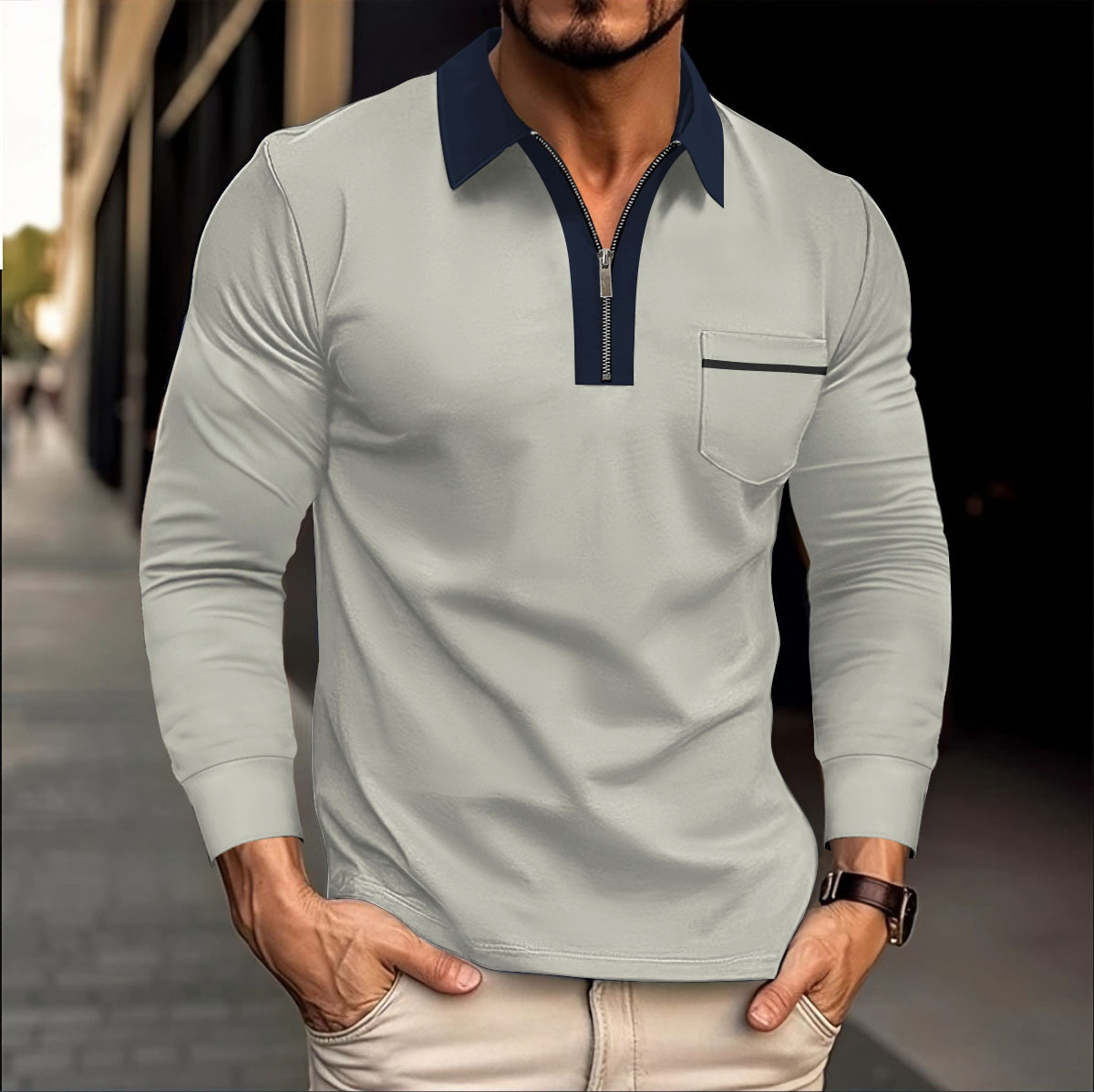 Nuevo nuevo transfronterizo Europa y América Amazon otoño de manga larga hombre bolsillo casual con cremallera casual polo image 12
