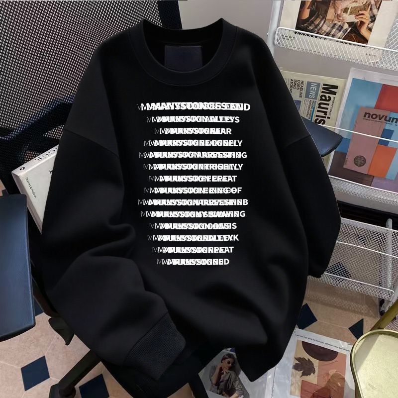 Trendy American-Style Stacked Letter Print Round Neck Long-Sleeve T-Shirt Cool Unisex Autumn Versatile Top