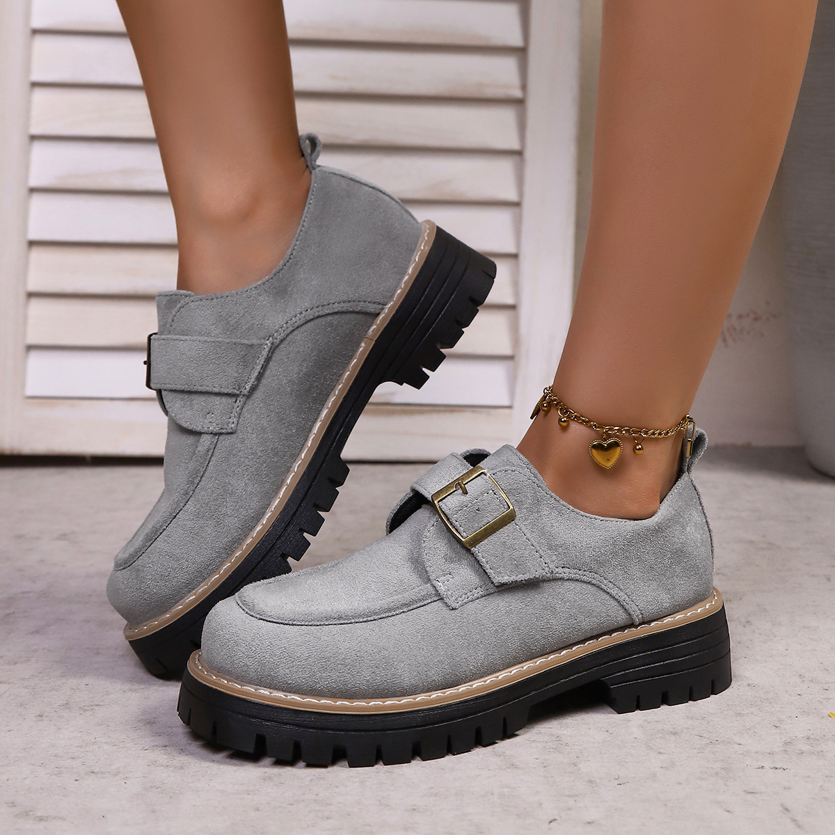 Plus Size Damen-Loafer mit Blockabsatz und Schnalle im britischen Stil, niedrige Schuhe, Herbstneuheit_voghion.com