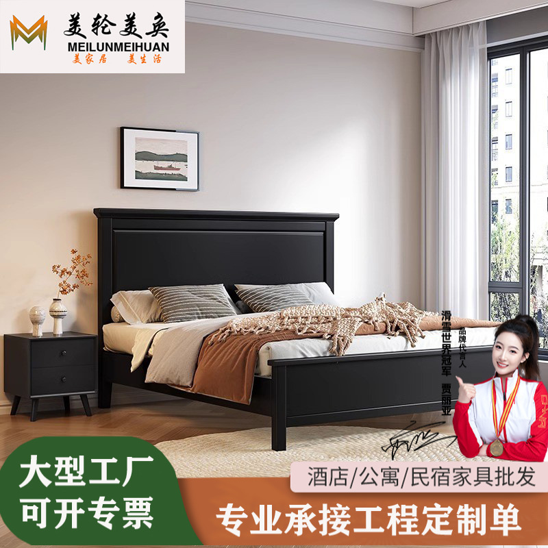 Antique black solid wood bed 1.8 m master bedroom double bed rubber wood solid wood big bed large capacity high box storage bed