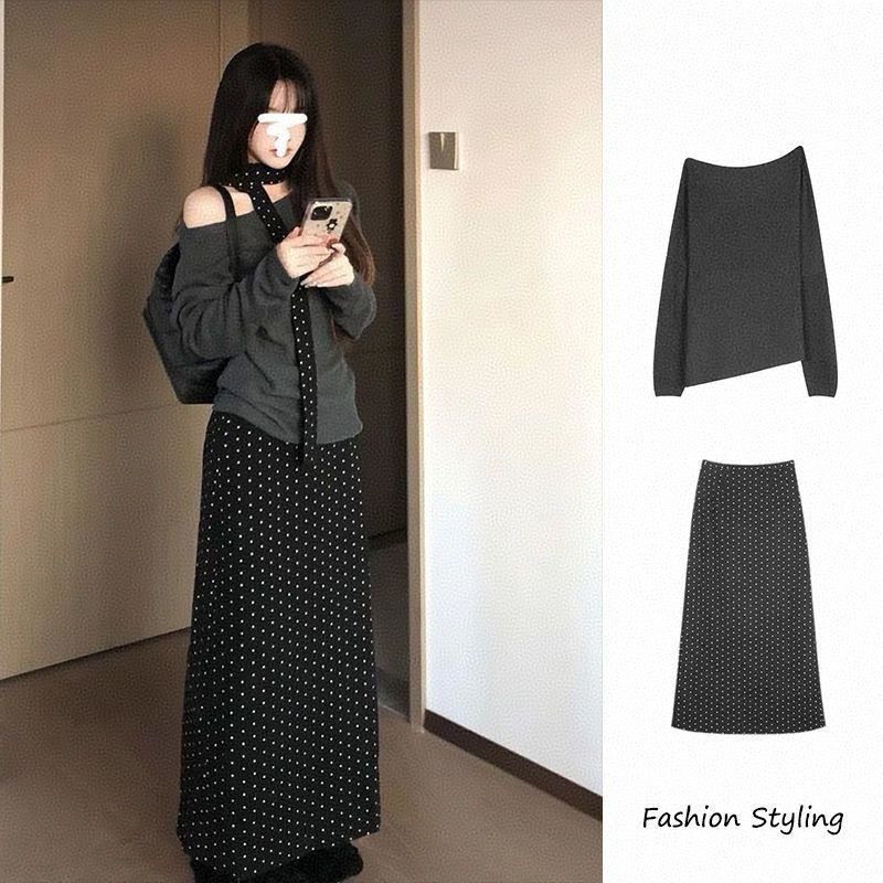 Pure Lust Sexy One-Shoulder Long-Sleeved Pure Lust Top Suit for Women Autumn and Winter French Style A-Line Polka Dot Skirt Pure Lust Sexy One-Shoulder Long-Sleeved Pure Lust Top Suit for Women Autumn and Winter French Style A-Line Polka Dot Skirt