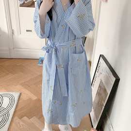 批发货源 2026春季睡袍女度假风绣花睡袍长款条纹碎花睡衣家居服