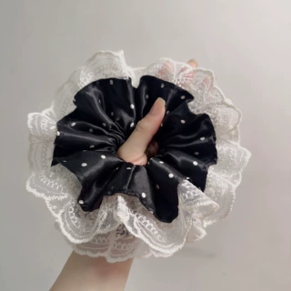法式芭蕾风波点大肠发圈高级甜美复古双层蕾丝花边丸子头百搭头饰