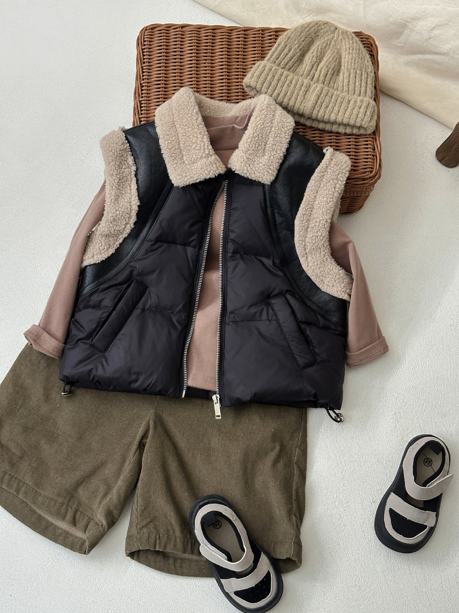 Chaleco de Motocicleta de Lana de Cordero y Cuero con Diseño de Patchwork, Chaleco Infantil de Plumón, Moderno y Grueso para Invierno, Venta al por Mayor por Pieza.