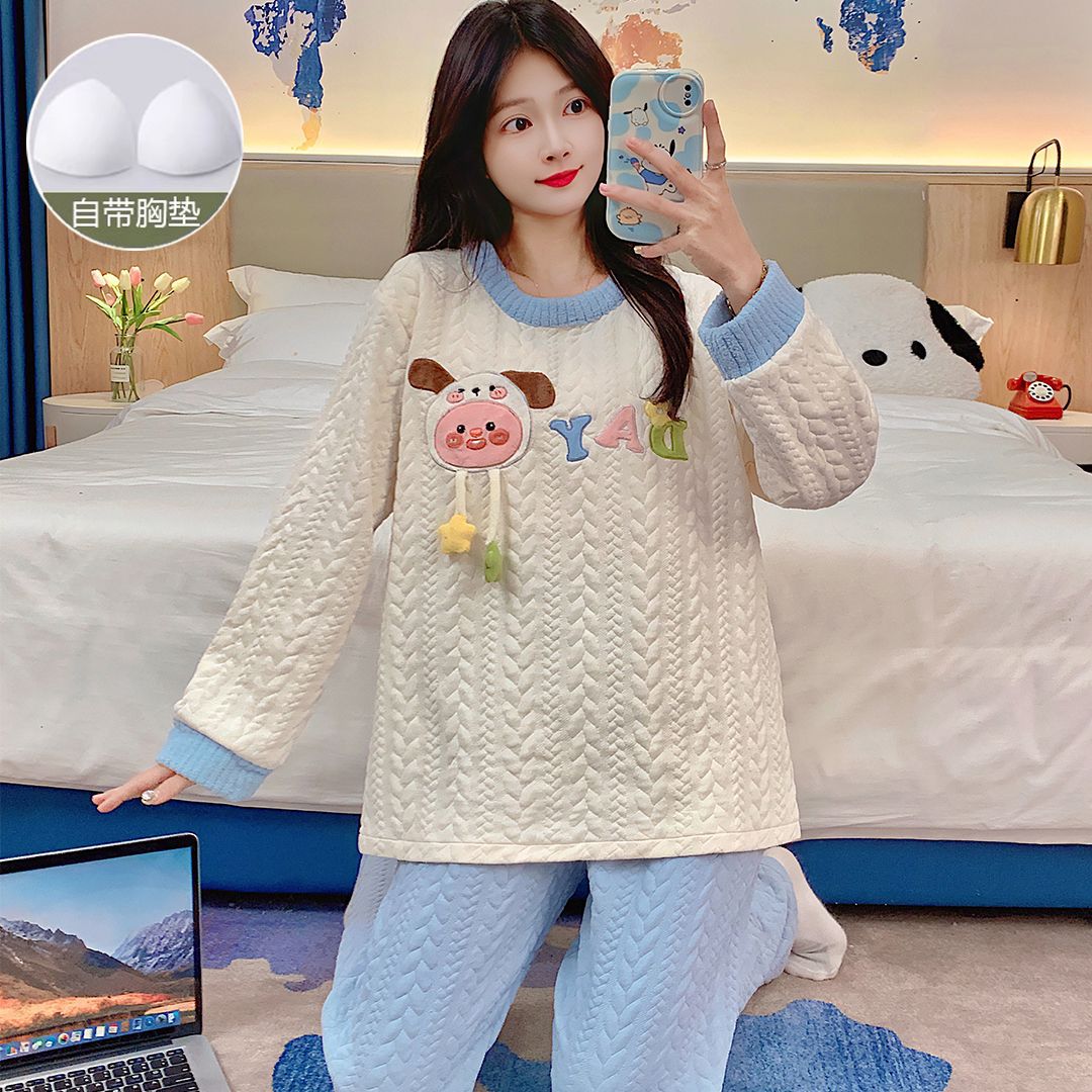 Transfronterizo mayorista invierno chaqueta sándwich chaqueta caliente pijama de ropa de casa de mujer set de ocio con cojín de pecho se puede usar fuera