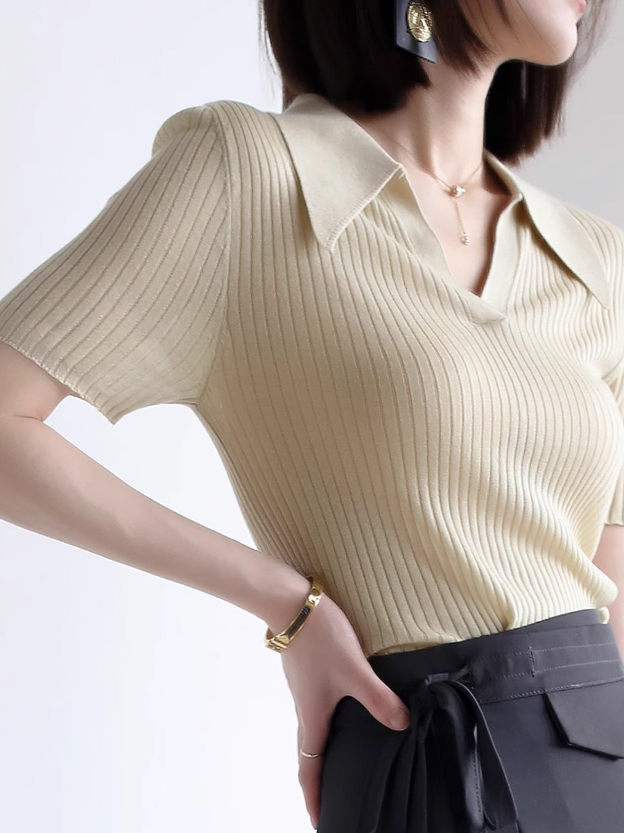Áo thun nữ cổ polo tay ngắn dệt kim mùa hè chất liệu Tiansi Leisel tôn dáng — Màu đen, Hạt kim trắng, Thẻ Vàng