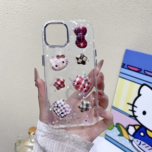 Suitable for 17 Pro Max Plaid Heart Button 13-15 Apple Cartoon Kt Cat Plaid Resin Case Cute Style