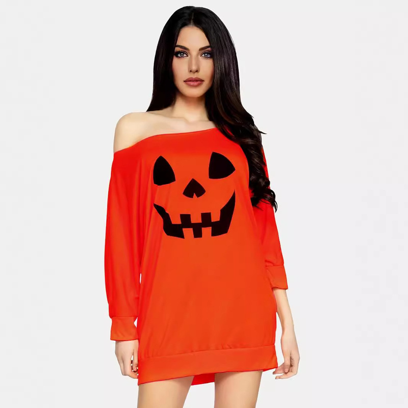 Halloween European and American Cross-border Pumpkin Smiley Women's Top Loose Sexy Long Sleeve Large Round Neck Mid-length Shirt