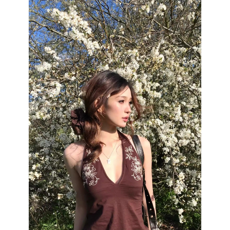 [210g 40 Count Fine Cotton 1*1] French Retro Flower Print Halterneck Vest Women's Summer Slimming Look Top