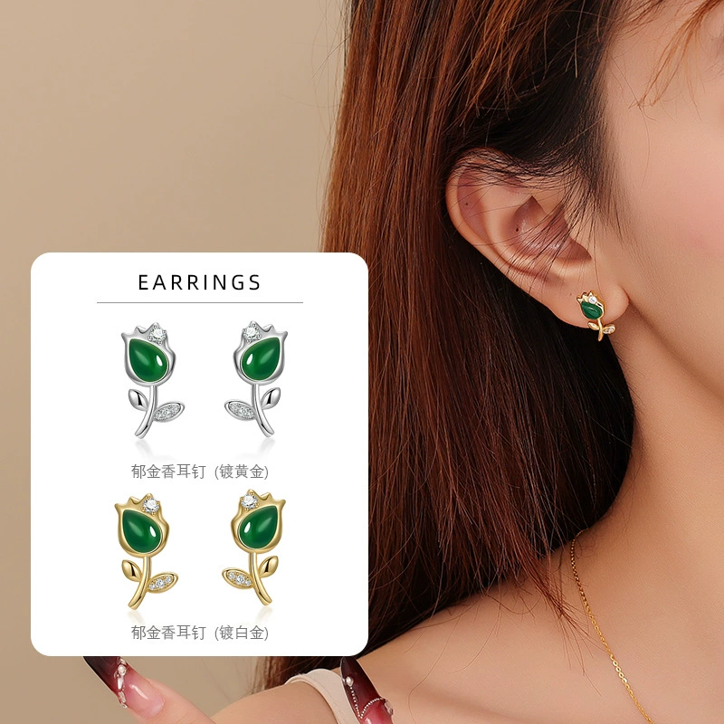 Серьги из нефрита, проба 925, цветочные, китайский стиль