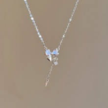 流苏蝴蝶结项链女夏韩国网红轻奢锆石星芒锁骨链不锈钢2023年新款