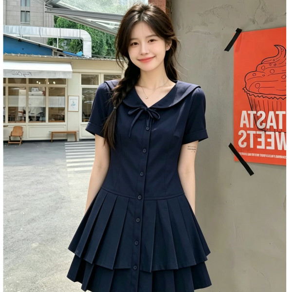 Luxury Plus Size Women's College Style Navy Collar Tie Blue Dress Summer Slimming Pleated Short Dress Luxury Plus Size Women's College Style Navy Collar Tie Blue Dress Summer Slimming Pleated Short Dress