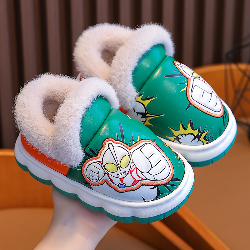 Niños de invierno Ultraman bebé Zapatillas de algodón cálido hogar PU cuero impermeable medio y grande niños bolsa de dibujos animados zapatos de tacón de algodón