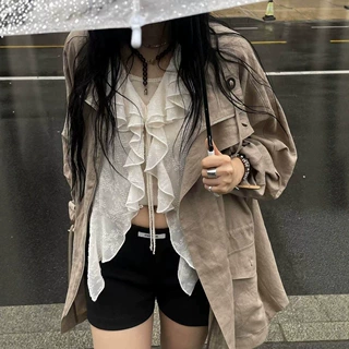 现H 100亚麻立领抽绳收腰风衣女春秋韩系宽松工装外套atmosphe*e