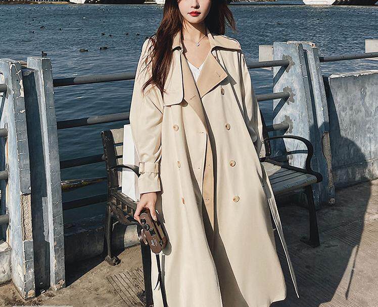 Áo khoác trench coat nữ dáng dài trung bình, form rộng, cổ vest, tay dài, phong cách thanh lịch — Màu be (chất lượng cao cấp) chi tiết 4