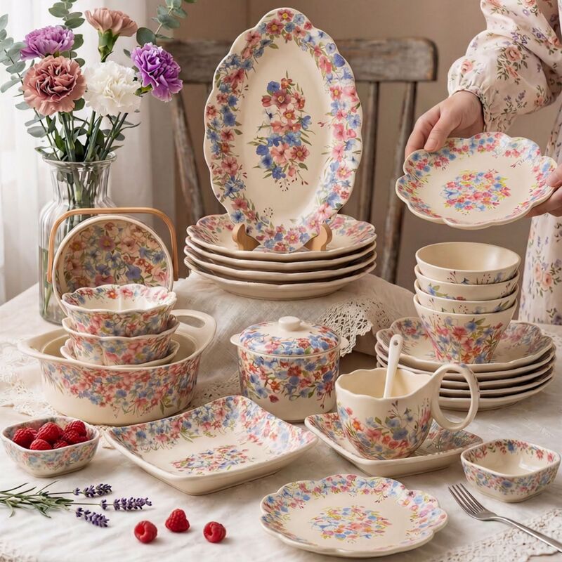 Orchid Series Ceramic Tableware Set, Bowl and Plate Set, Household Dishware, Chopsticks, Spoons, Soup Plates, Underglaze Colored Ceramic Tableware