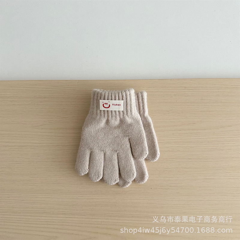 韩版儿童简约纯色笑脸标毛线针织手套男女童防寒百搭保暖分指手套|undefined