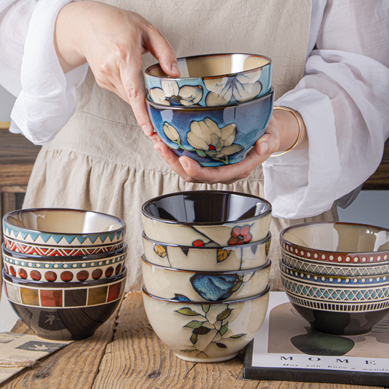 Japanese-style kiln glaze ceramic rice bowl household ceramic tableware creative hand-painted bowl glaze color personality dessert bowl wholesale
