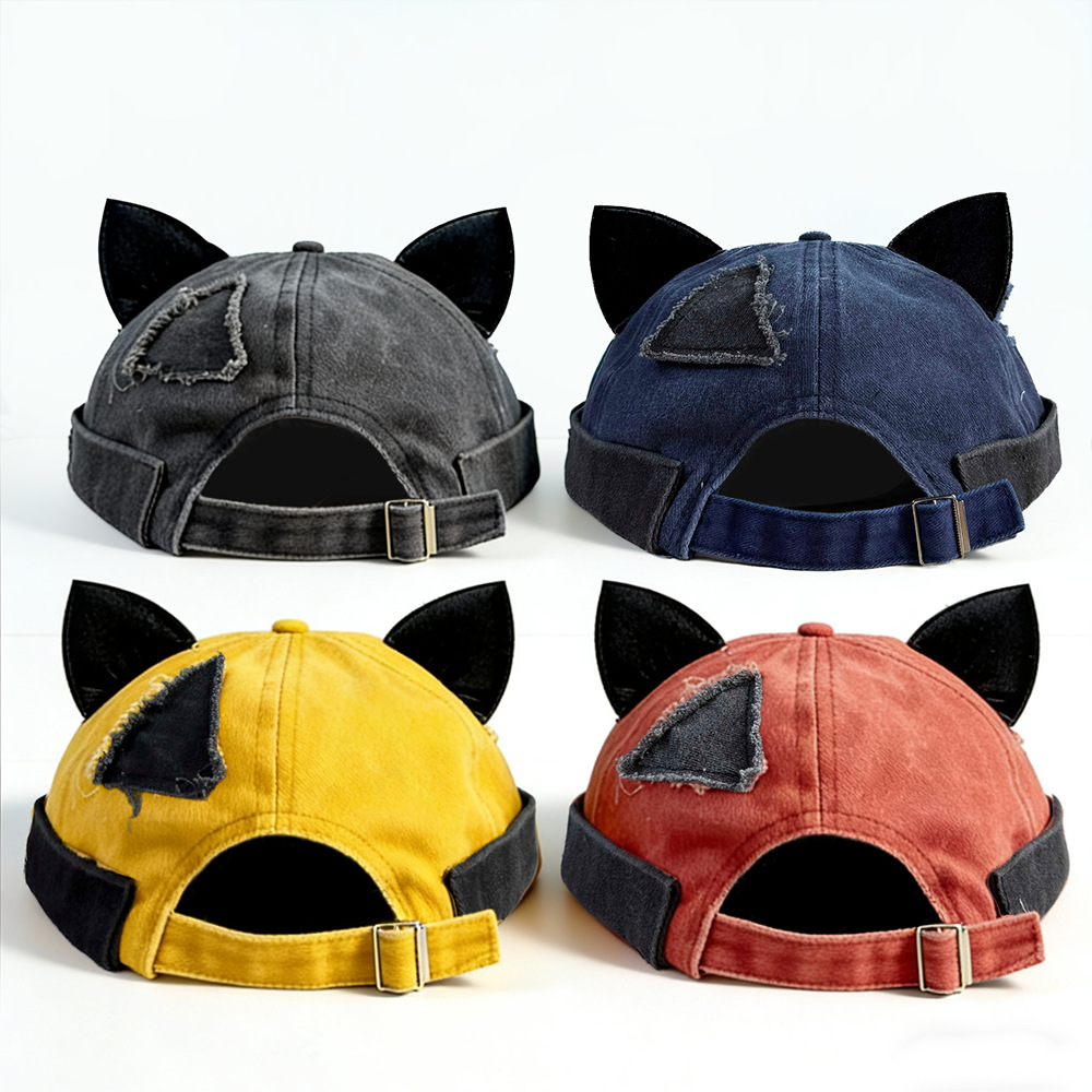 跨境复古猫耳朵地主帽女潮水洗拼接做旧瓜皮帽无檐嘻哈个性学生帽